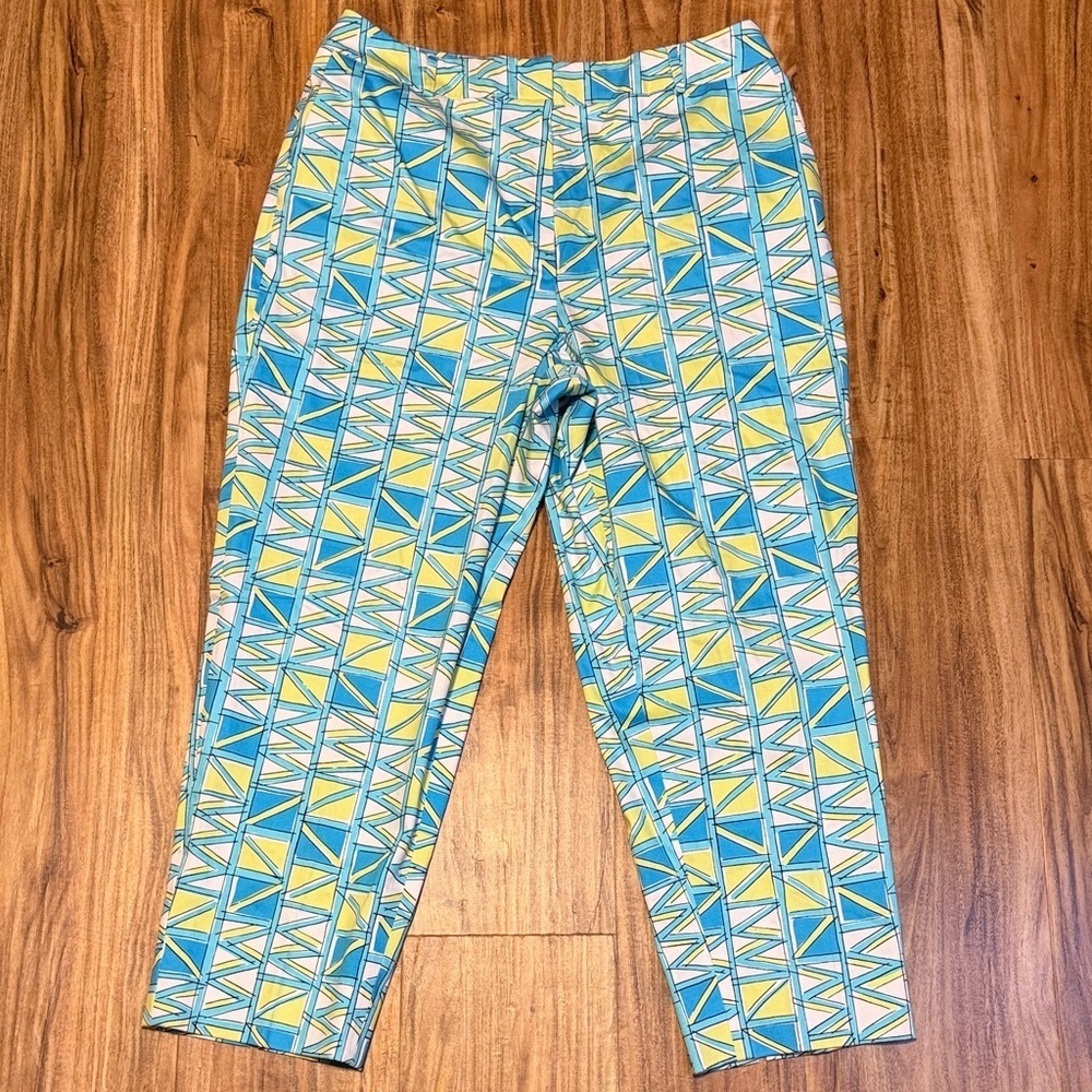 Talbots women 14 petite pants ankle crop Geometric Patterned blue green stretch